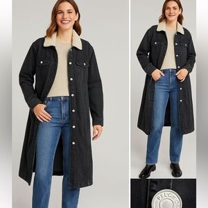 Pilcro by Anthropologie long black denim jacket faux sherpa collar medium